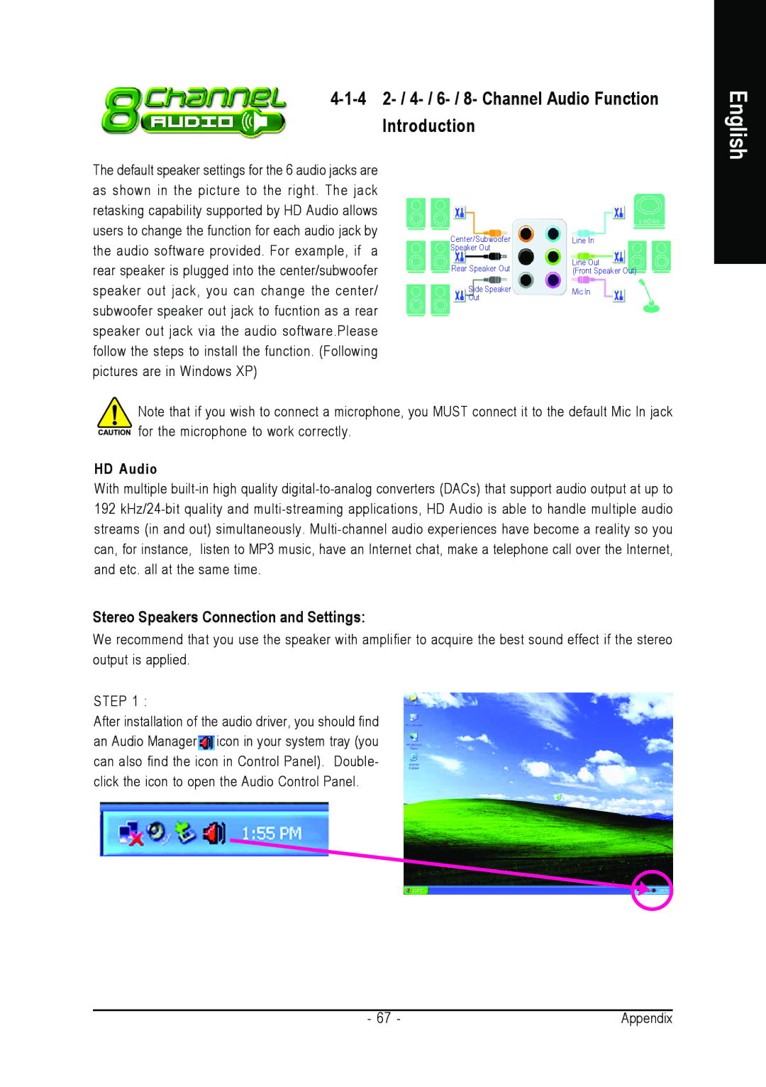 Gigabyte GA-945PLM-(D)S2 user manual English, 4 2- / 4- / 6- / 8- Channel Audio Function Introduction 