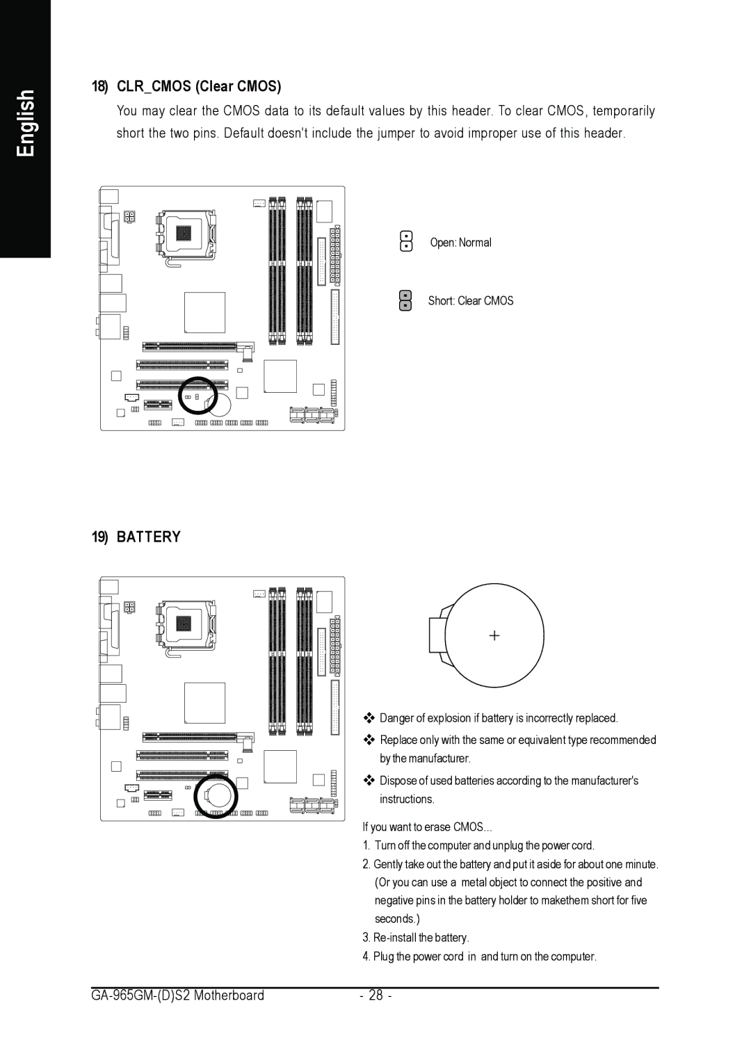 Gigabyte GA-965GM-DS2, GA-965GM-S2 user manual Clrcmos Clear Cmos, Battery 