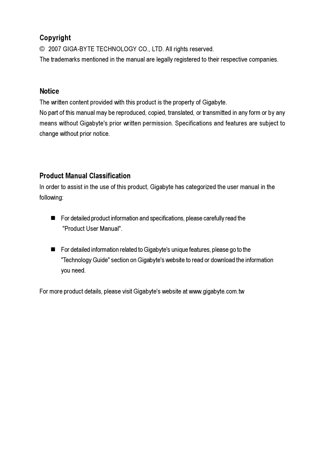 Gigabyte GA-965GM-S2, GA-965GM-DS2 user manual Copyright, Product Manual Classification 