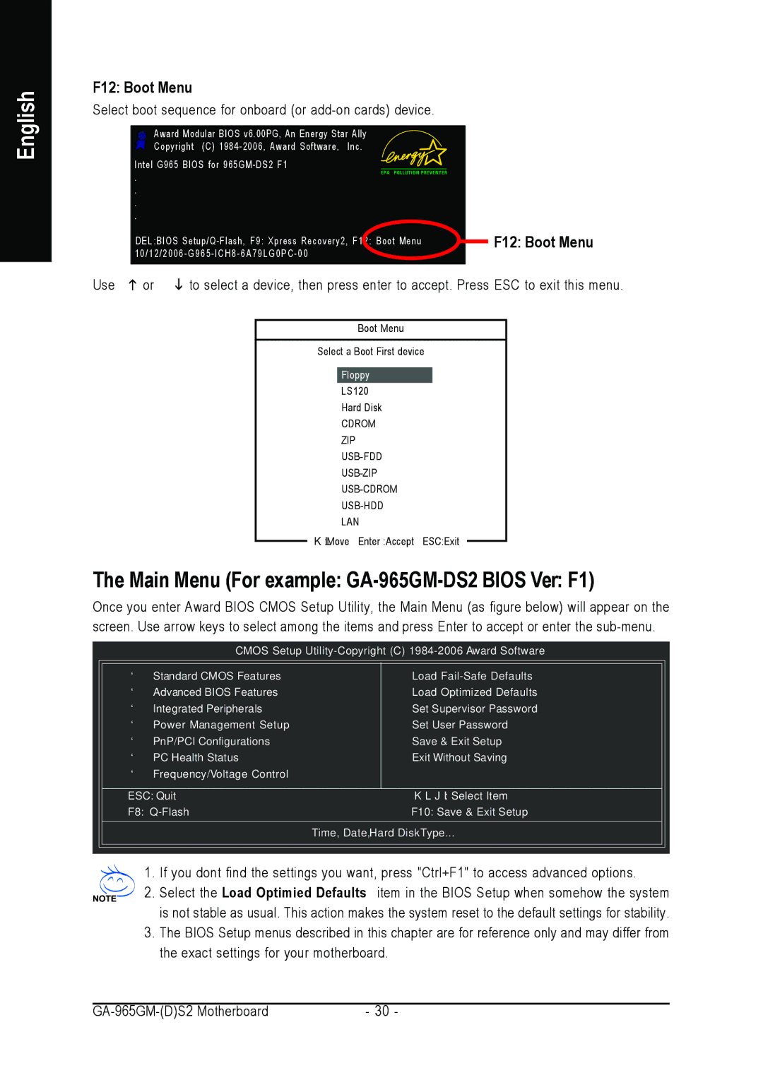 Gigabyte GA-965GM-S2 user manual Main Menu For example GA-965GM-DS2 Bios Ver. F1, F12 Boot Menu 