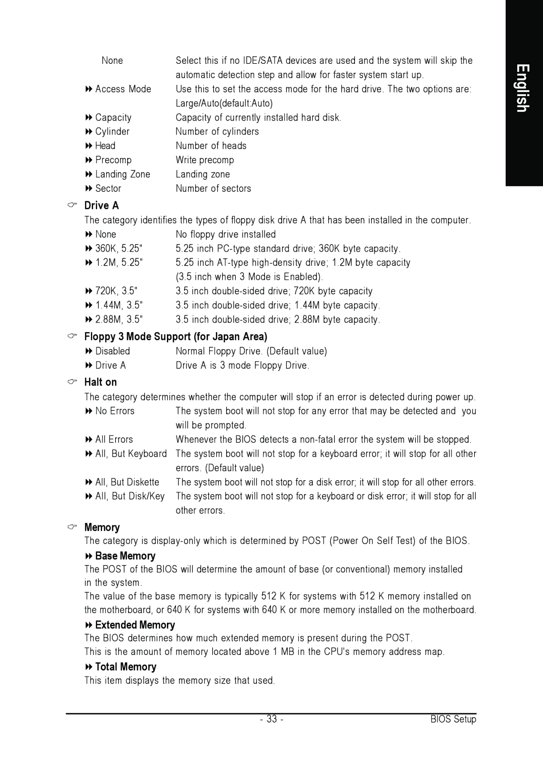 Gigabyte GA-965GM-S2 user manual Drive a, Floppy 3 Mode Support for Japan Area, Halt on, Base Memory, Extended Memory 