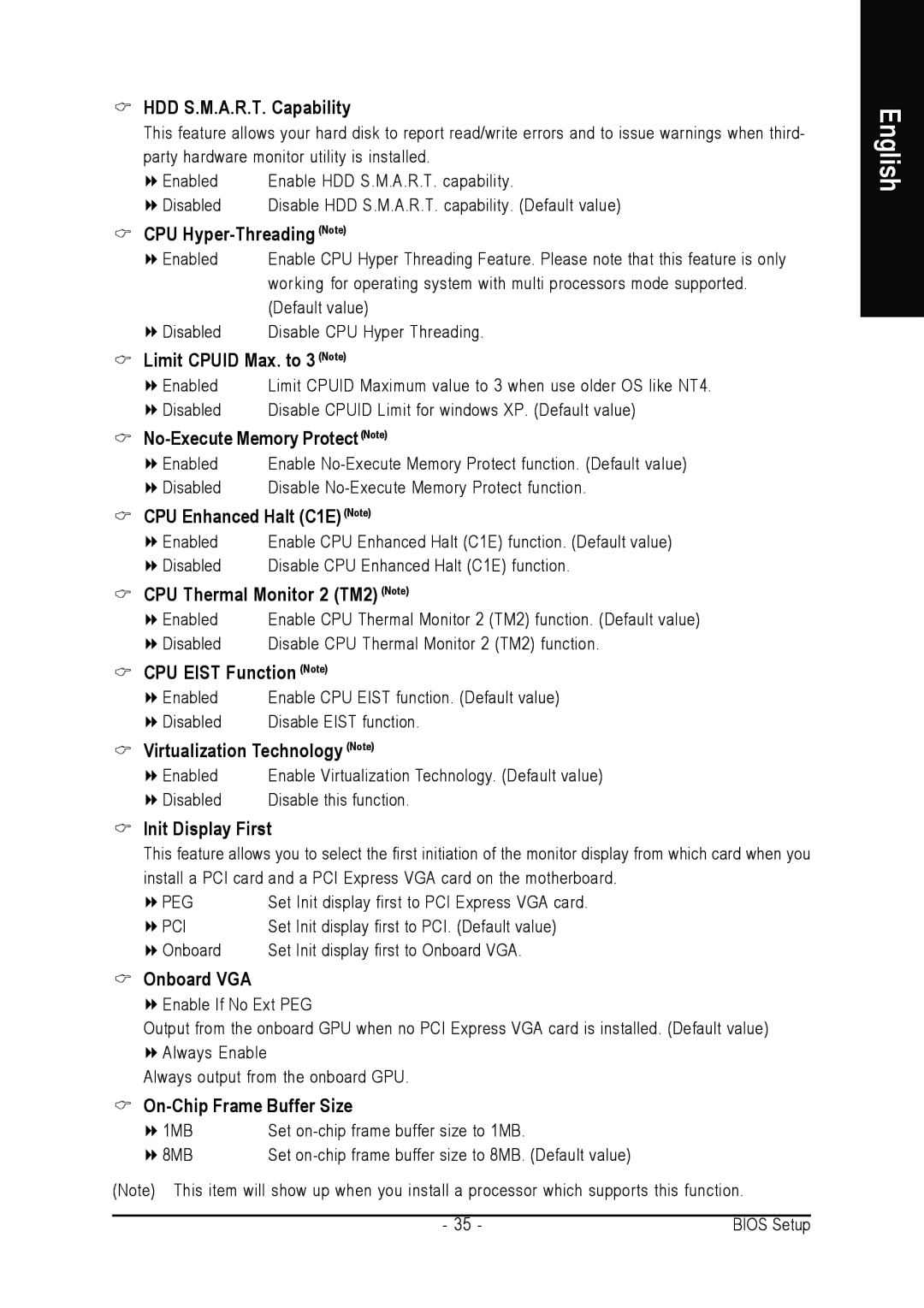 Gigabyte GA-965GM-S2 HDD S.M.A.R.T. Capability, CPU Hyper-Threading Note, Limit Cpuid Max. to 3 Note, Init Display First 