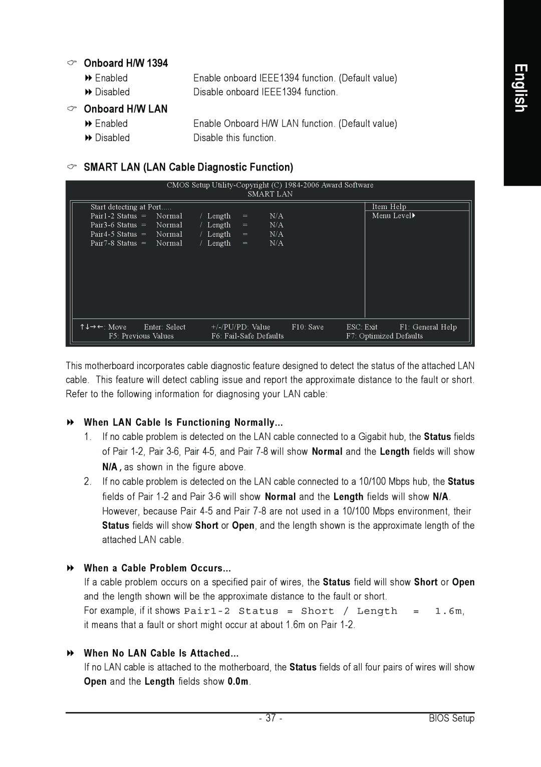 Gigabyte GA-965GM-S2, GA-965GM-DS2 user manual Onboard H/W LAN, Smart LAN LAN Cable Diagnostic Function 