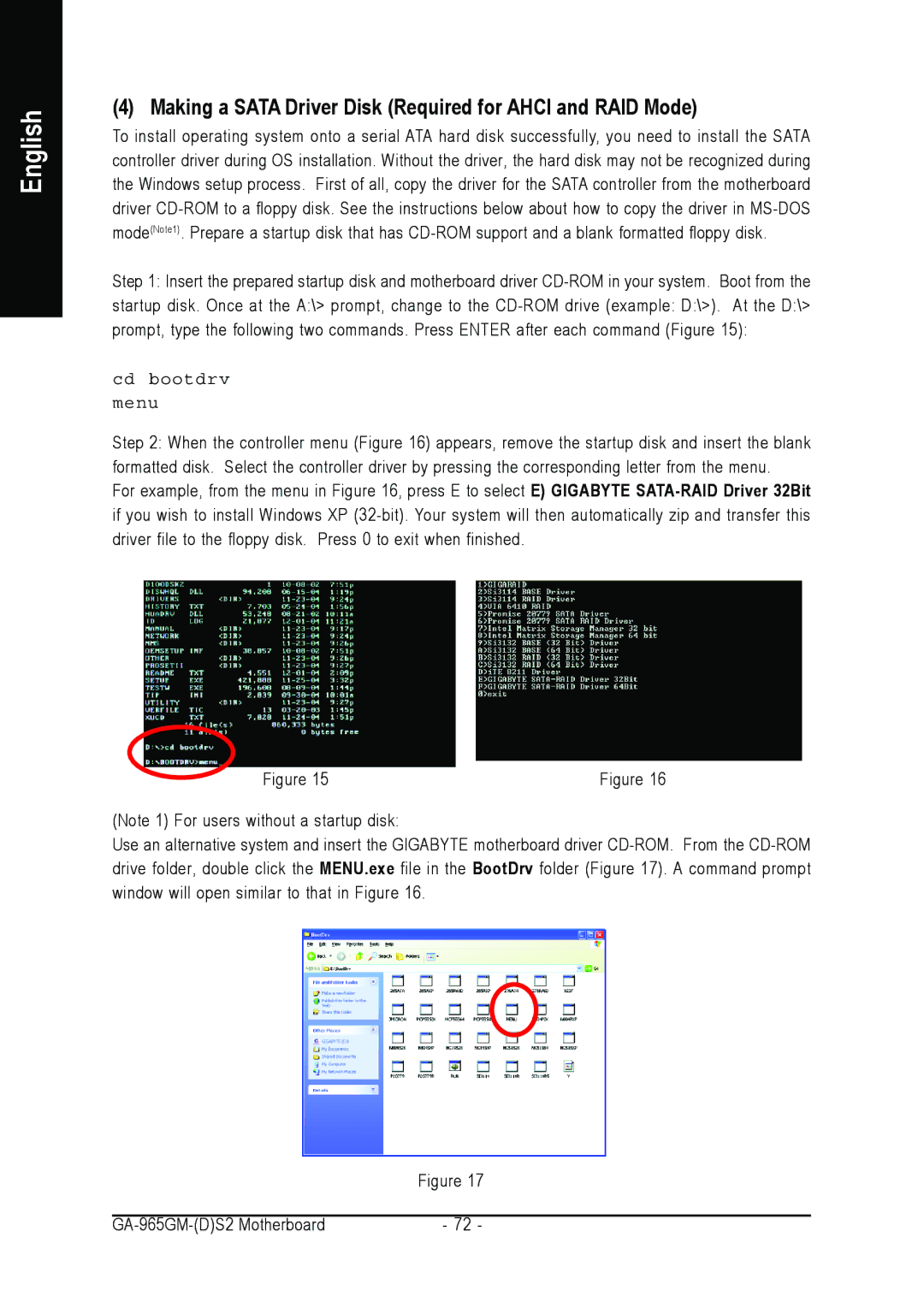 Gigabyte GA-965GM-DS2, GA-965GM-S2 user manual Making a Sata Driver Disk Required for Ahci and RAID Mode, Cd bootdrv Menu 