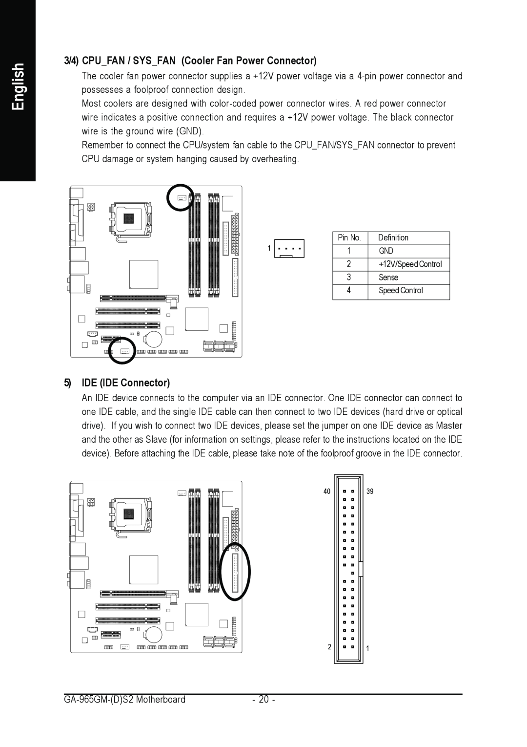 Gigabyte GA-965GM-DS2, GA-965GM-S2 user manual 3/4 CPUFAN / SYSFAN Cooler Fan Power Connector, IDE IDE Connector, English 