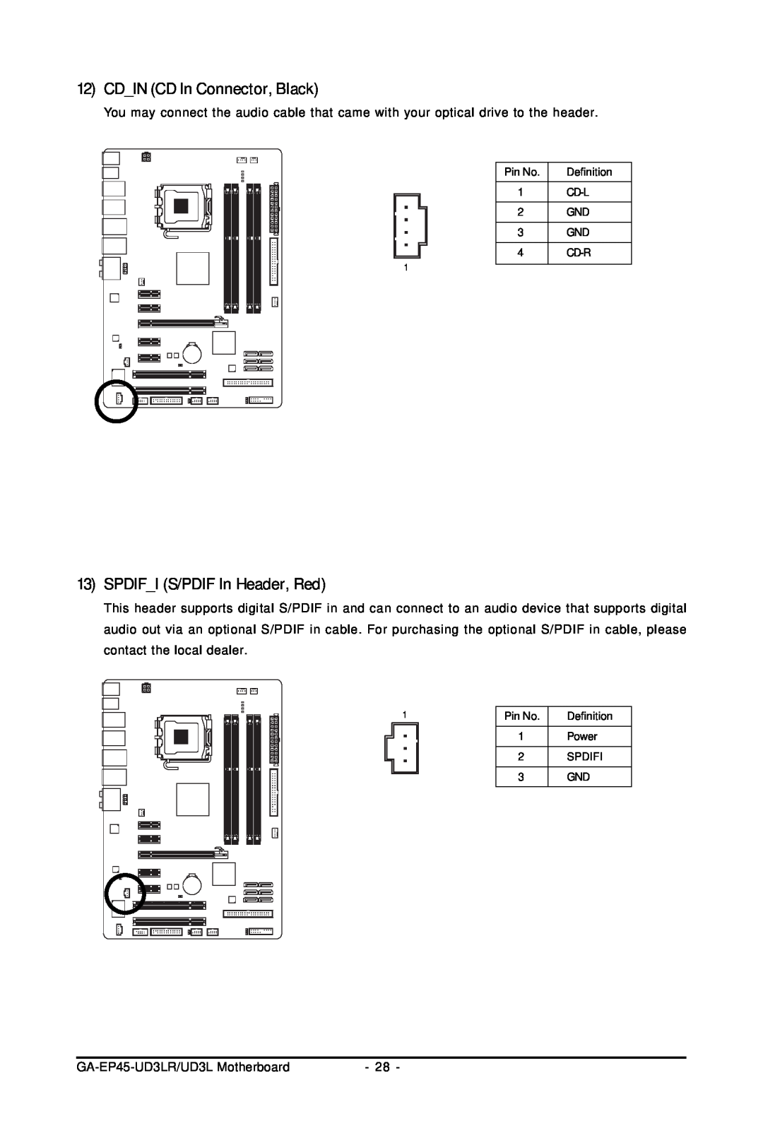 Gigabyte GA-EP45-UD3LR user manual CDIN CD In Connector, Black, SPDIFI S/PDIF In Header, Red 