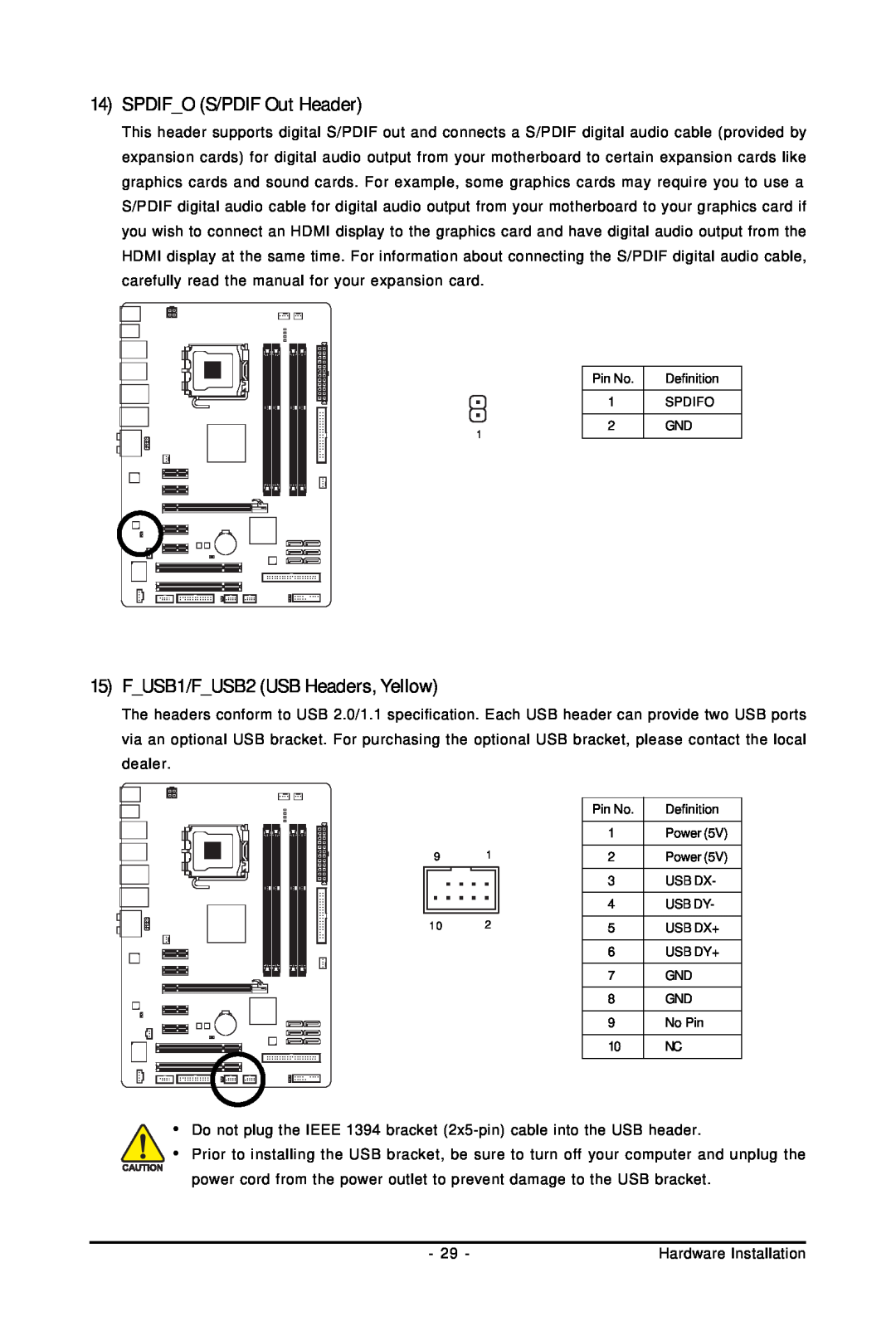 Gigabyte GA-EP45-UD3LR user manual SPDIFO S/PDIF Out Header, FUSB1/FUSB2 USB Headers, Yellow 