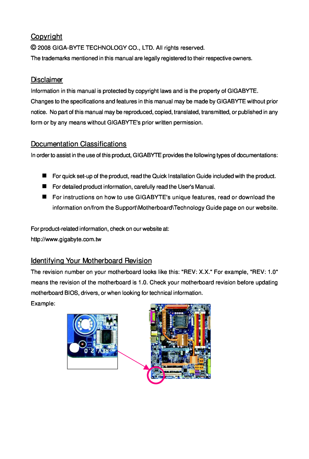 Gigabyte GA-EP45-UD3L Copyright, Disclaimer, Documentation Classifications, Identifying Your Motherboard Revision, Example 