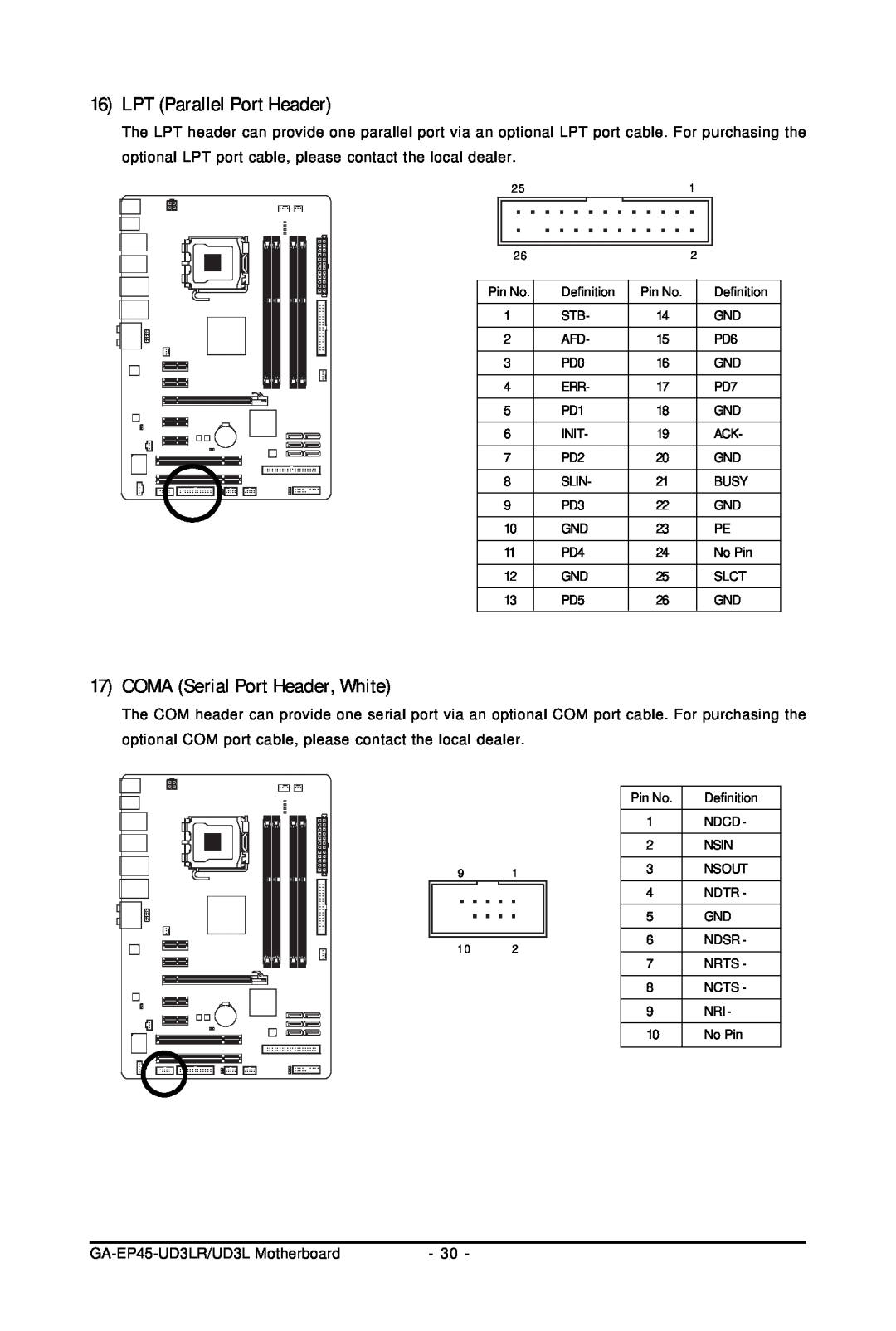 Gigabyte GA-EP45-UD3LR user manual LPT Parallel Port Header, COMA Serial Port Header, White 