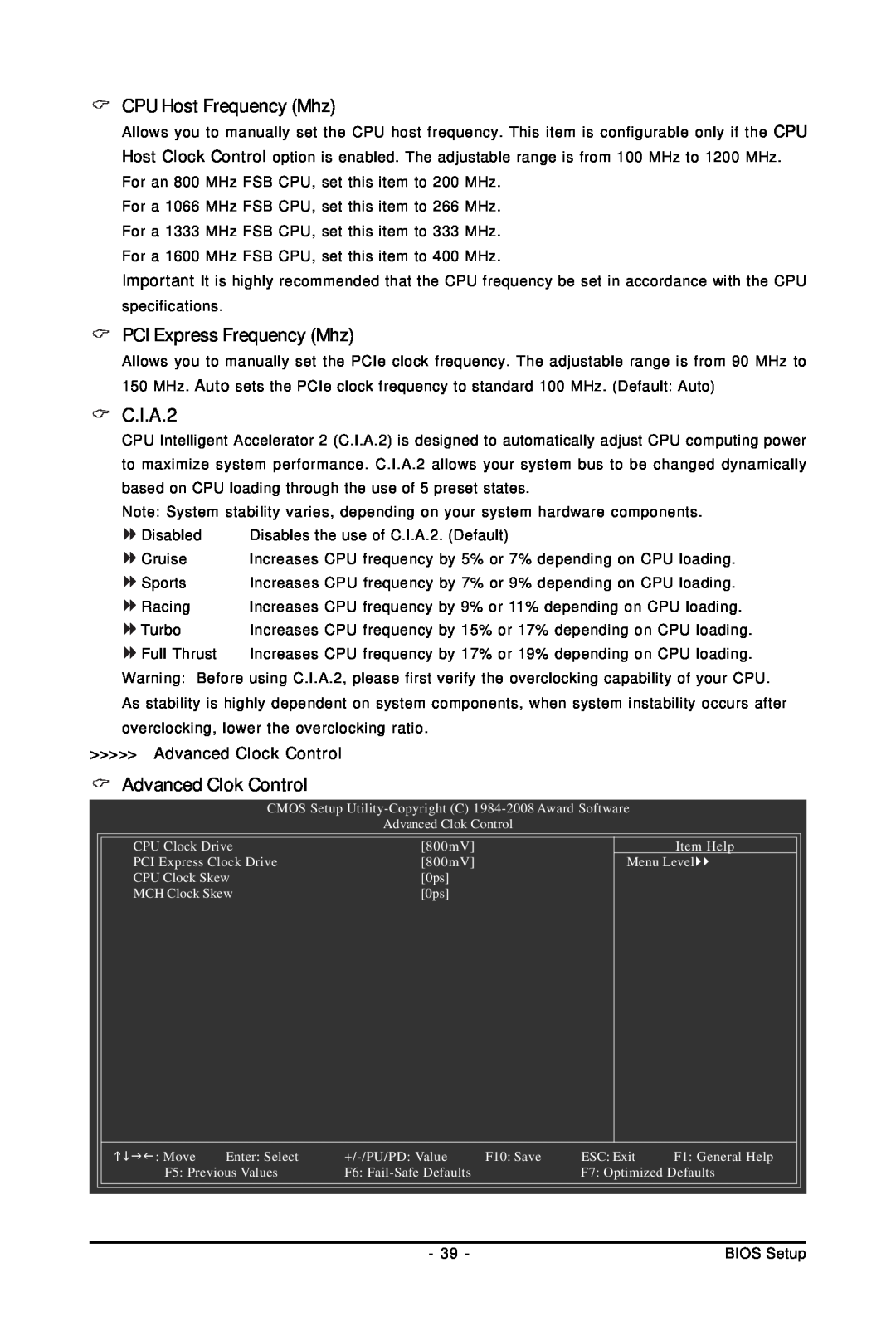 Gigabyte GA-EP45-UD3LR user manual CPU Host Frequency Mhz, PCI Express Frequency Mhz, C.I.A.2, Advanced Clok Control 