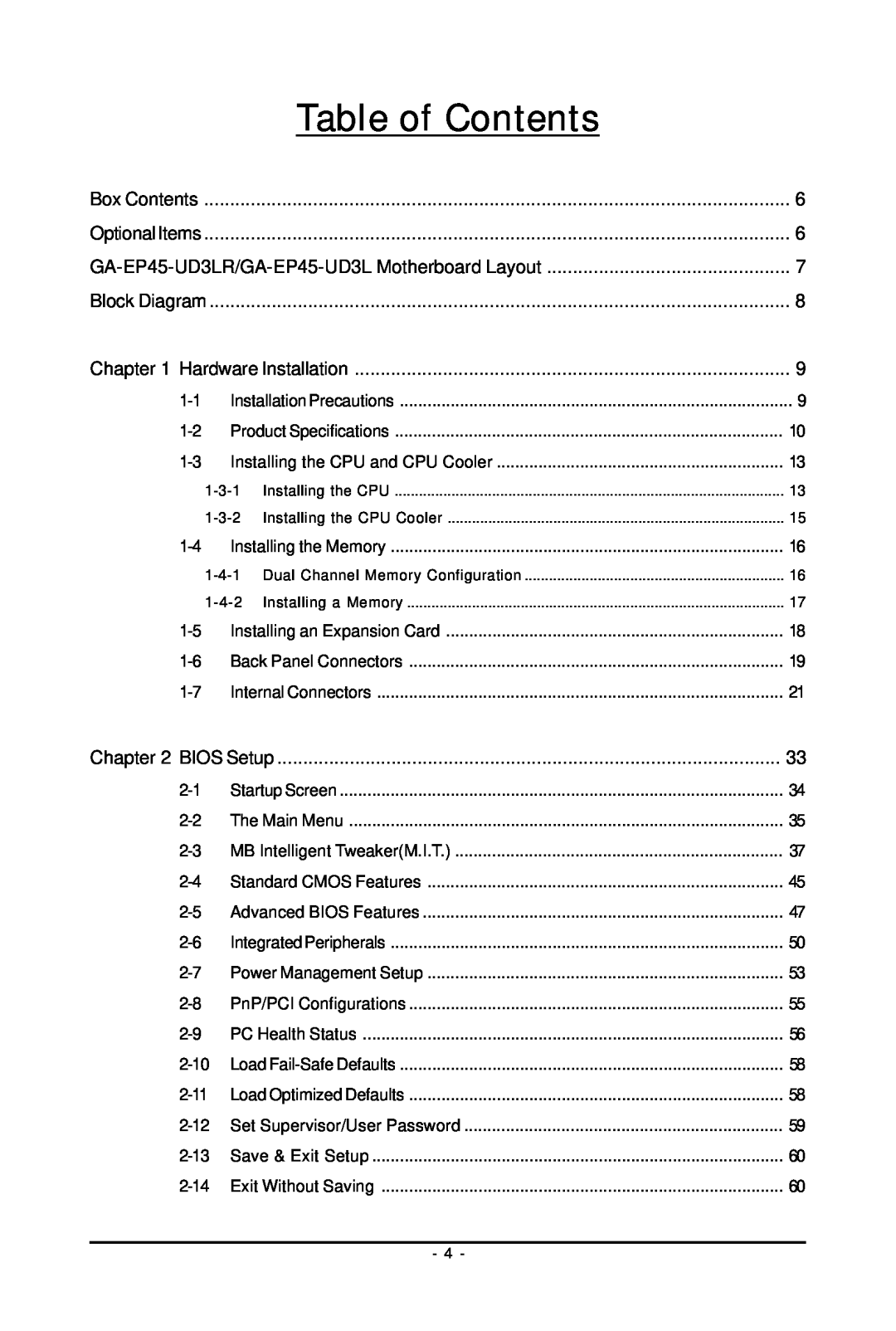 Gigabyte user manual Table of Contents, GA-EP45-UD3LR/GA-EP45-UD3L Motherboard Layout, 1-3-1, 1-4-1, 1-4-2 