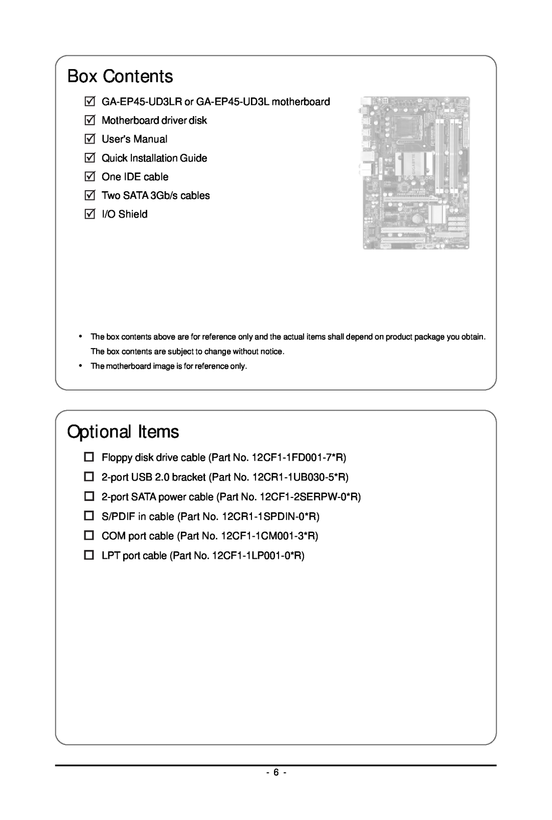 Gigabyte GA-EP45-UD3LR user manual Box Contents, Optional Items 