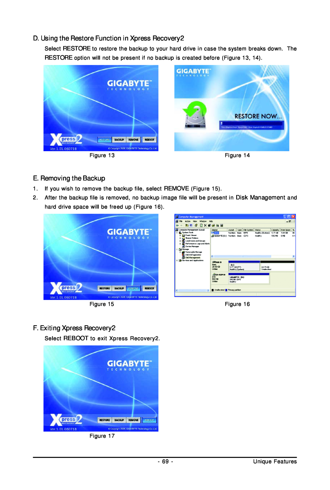 Gigabyte GA-EP45-UD3LR user manual D. Using the Restore Function in Xpress Recovery2, E. Removing the Backup 