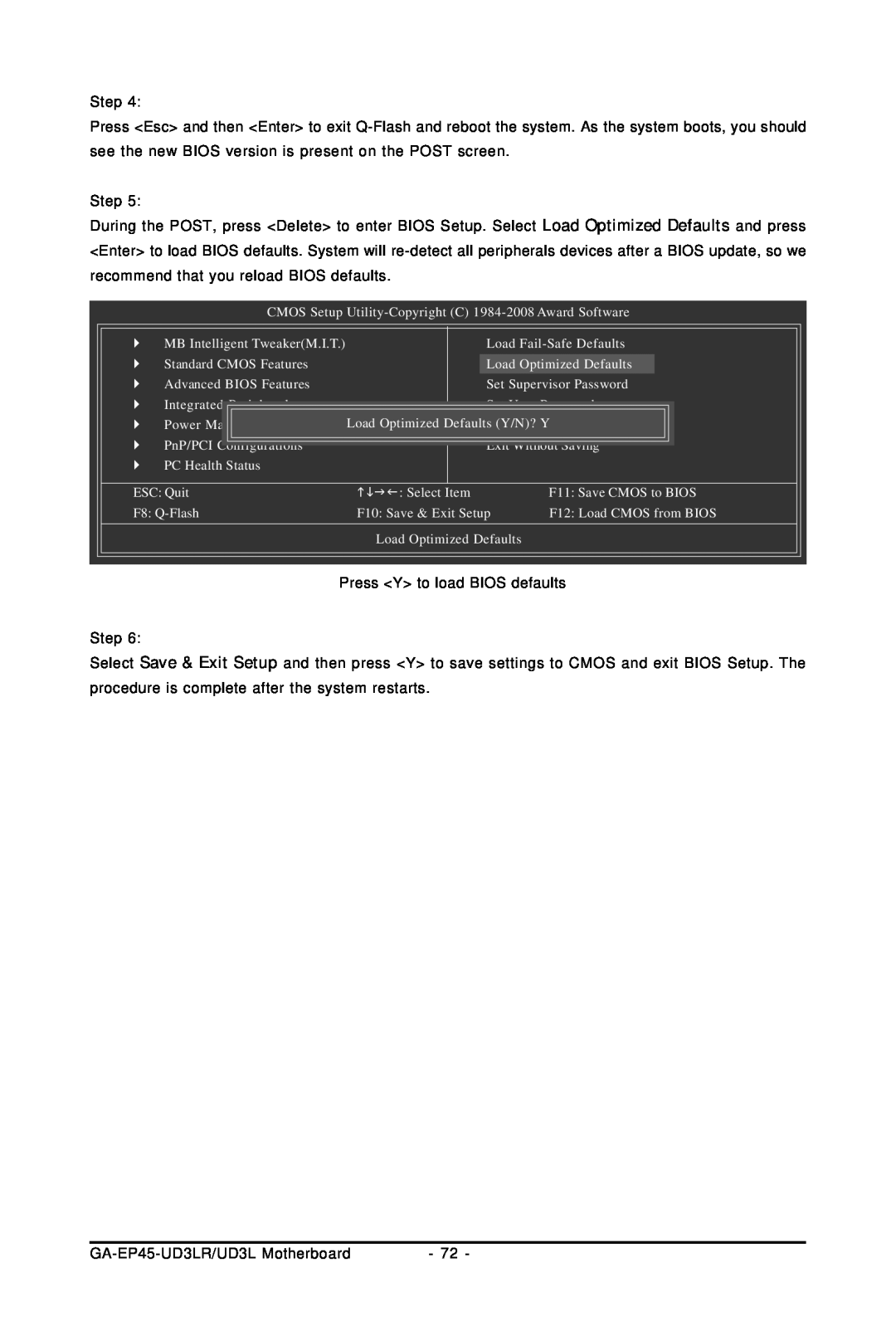 Gigabyte GA-EP45-UD3LR user manual Load Optimized DefaultsSaveY/N?& ExitY Setup 