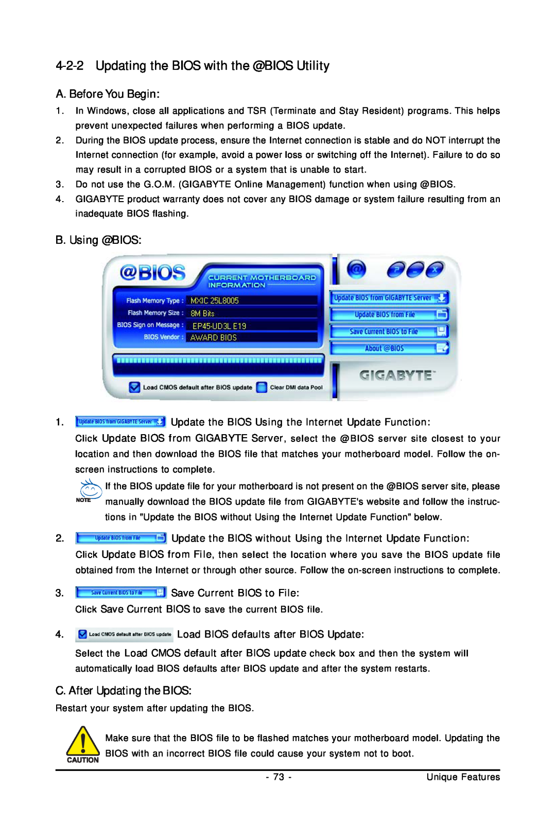 Gigabyte GA-EP45-UD3LR user manual Updating the BIOS with the @BIOS Utility, B. Using @BIOS, C. After Updating the BIOS 