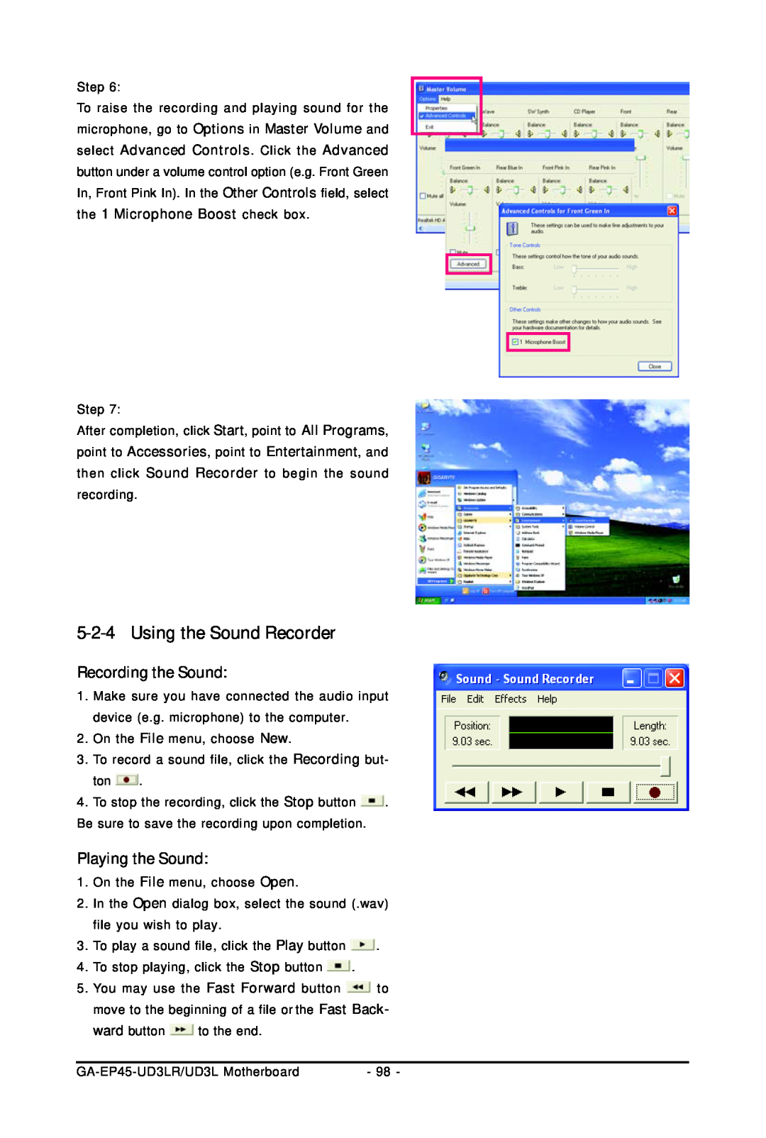 Gigabyte GA-EP45-UD3LR user manual Using the Sound Recorder, Recording the Sound, Playing the Sound 