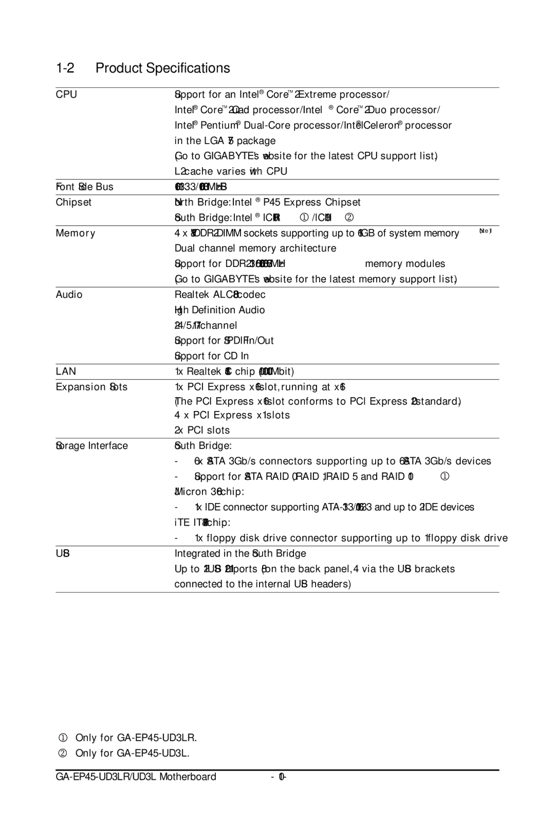 Gigabyte GA-EP45-UD3LR user manual Product Specifications, Cpu 