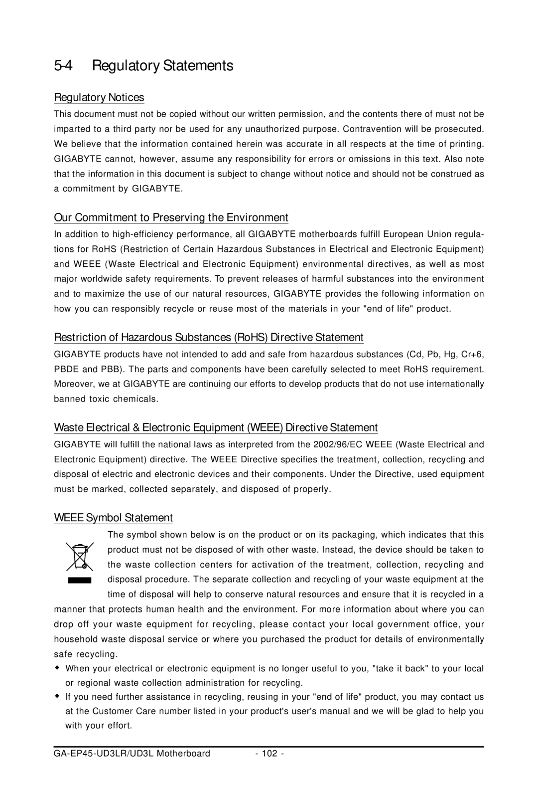 Gigabyte GA-EP45-UD3LR user manual Regulatory Statements, Regulatory Notices, Our Commitment to Preserving the Environment 