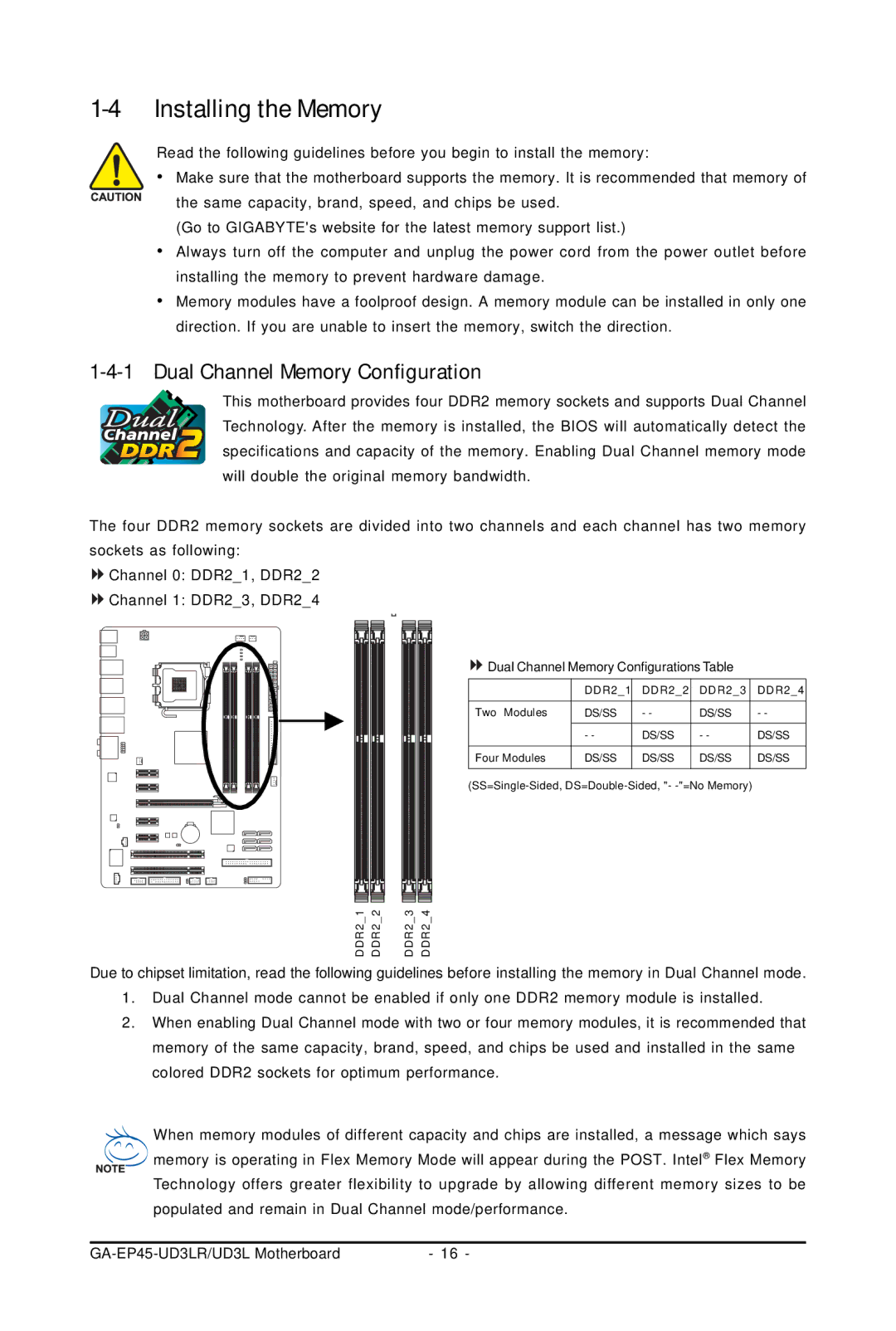 Gigabyte GA-EP45-UD3LR user manual Installing the Memory, Dual Channel Memory Configuration 