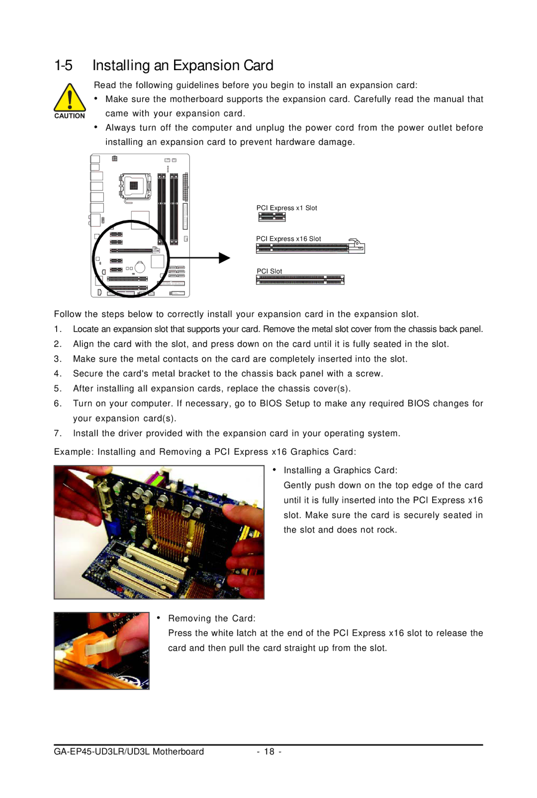 Gigabyte GA-EP45-UD3LR user manual Installing an Expansion Card 