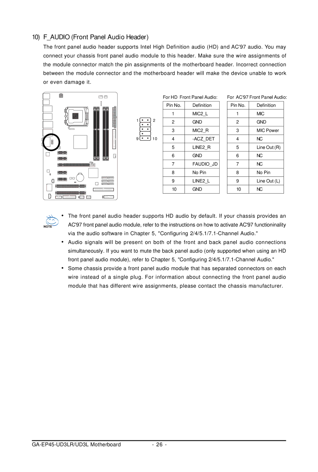 Gigabyte GA-EP45-UD3LR user manual Faudio Front Panel Audio Header 