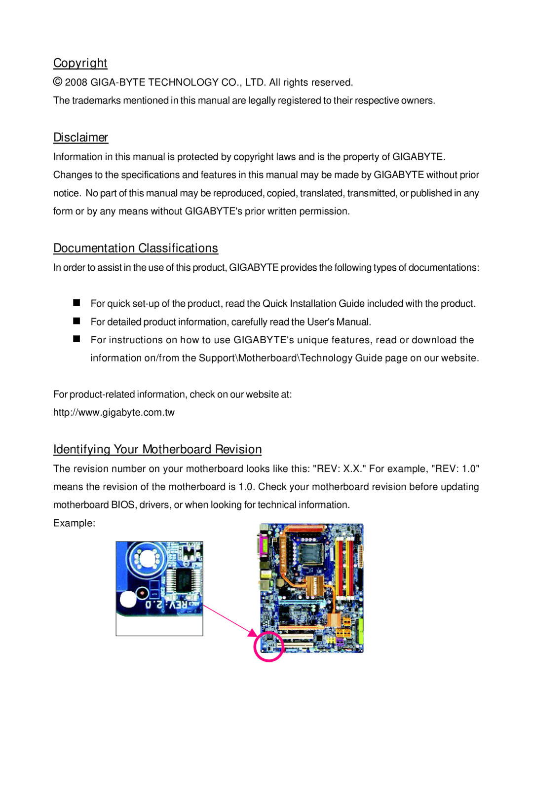 Gigabyte GA-EP45-UD3L Copyright, Disclaimer, Documentation Classifications, Identifying Your Motherboard Revision 