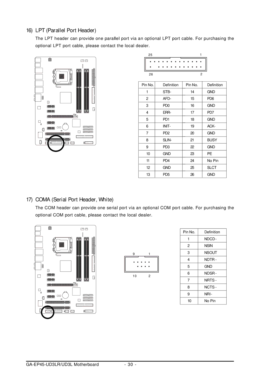 Gigabyte GA-EP45-UD3LR user manual LPT Parallel Port Header, Coma Serial Port Header, White 