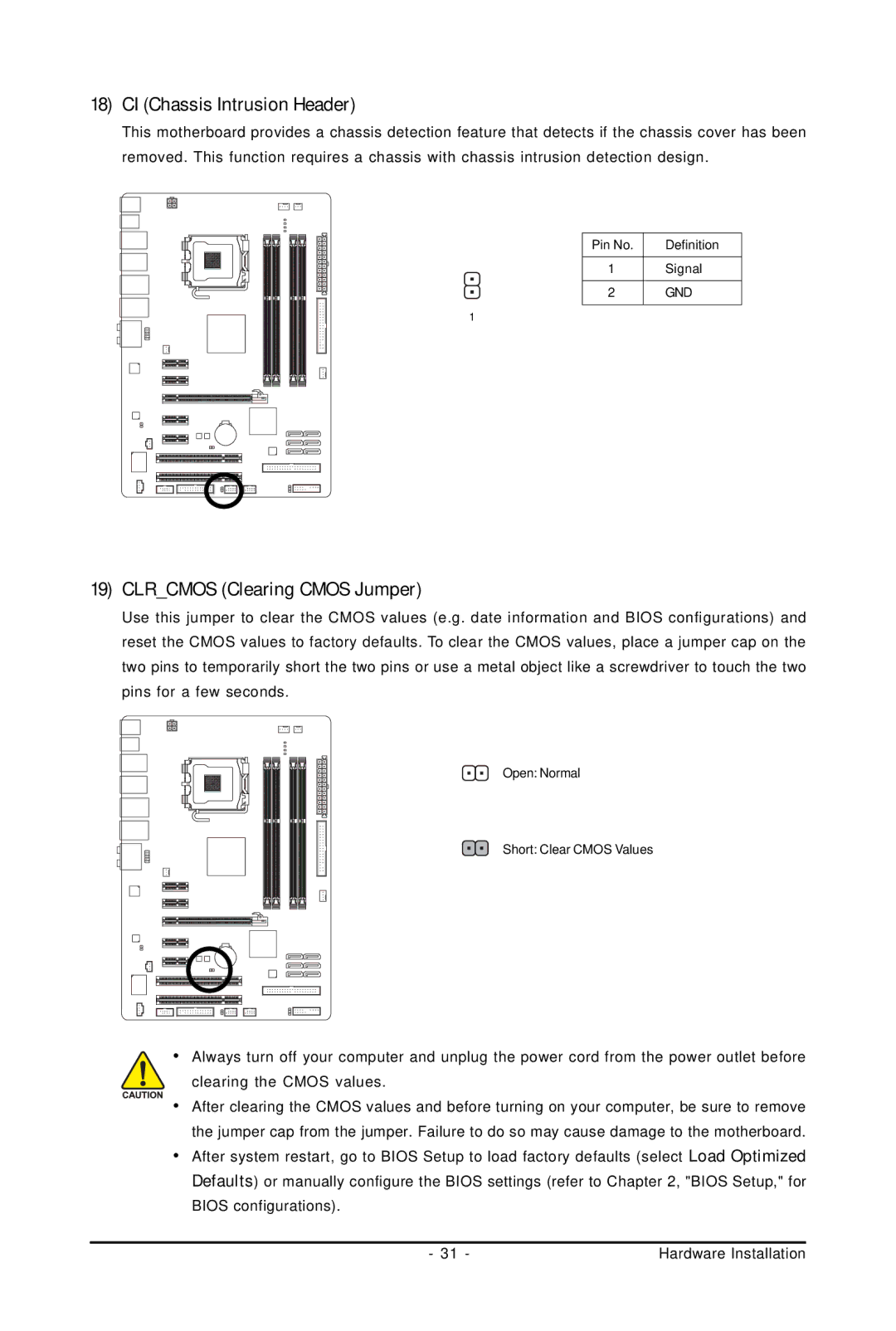 Gigabyte GA-EP45-UD3LR user manual CI Chassis Intrusion Header, Clrcmos Clearing Cmos Jumper 