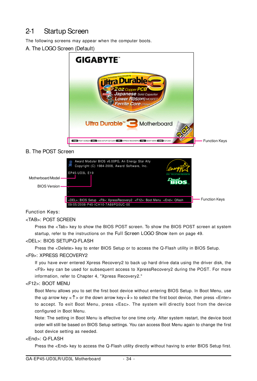 Gigabyte GA-EP45-UD3LR user manual Startup Screen, Logo Screen Default Post Screen, Function Keys, End Q-FLASH 