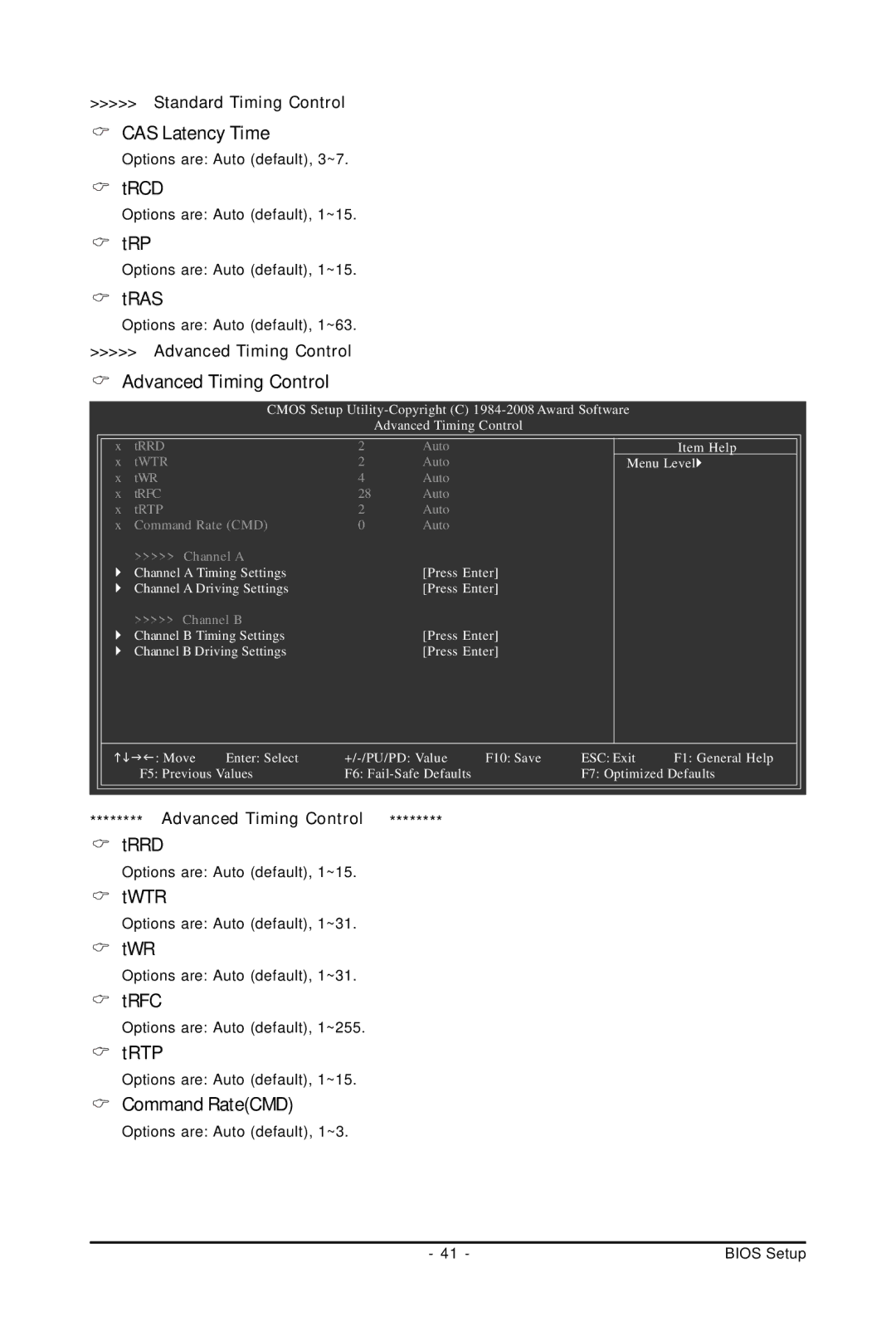 Gigabyte GA-EP45-UD3L user manual CAS Latency Time, Trcd, Trp, Tras, Advanced Timing Control, Trrd, Twtr, Twr, Trfc, Trtp 