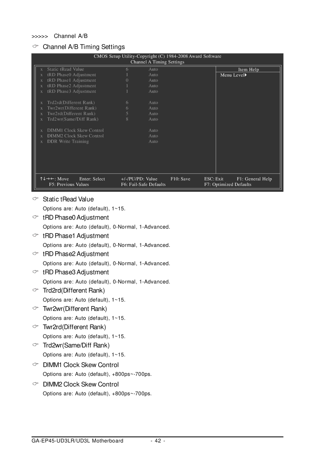 Gigabyte GA-EP45-UD3LR Channel A/B Timing Settings, Static tRead Value, TRD Phase0 Adjustment, TRD Phase1 Adjustment 