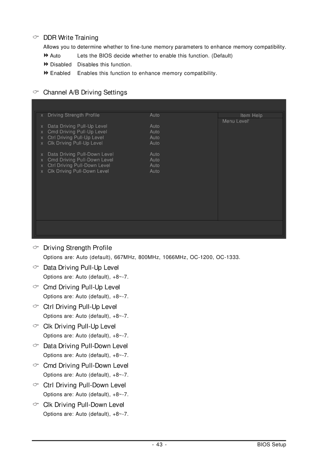 Gigabyte GA-EP45-UD3LR user manual DDR Write Training, Channel A/B Driving Settings, Driving Strength Profile 