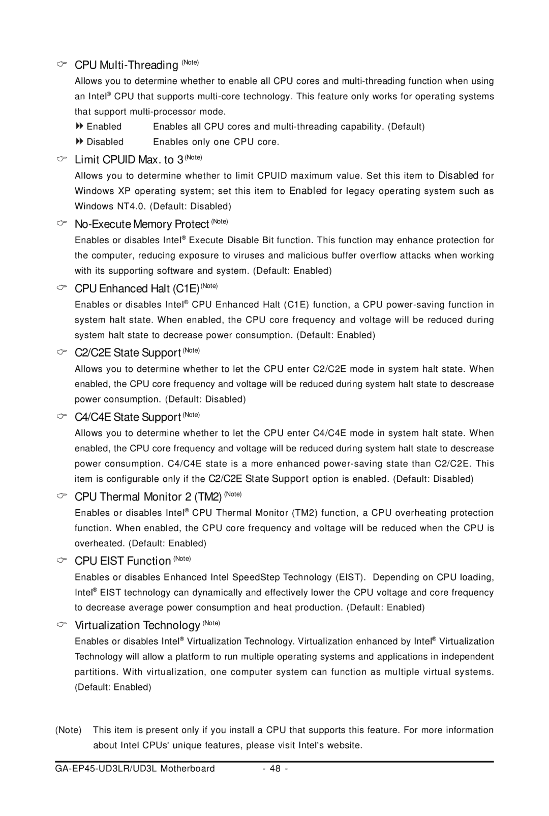 Gigabyte GA-EP45-UD3LR user manual CPU Multi-Threading Note, Limit Cpuid Max. to 3 Note, No-Execute Memory Protect Note 