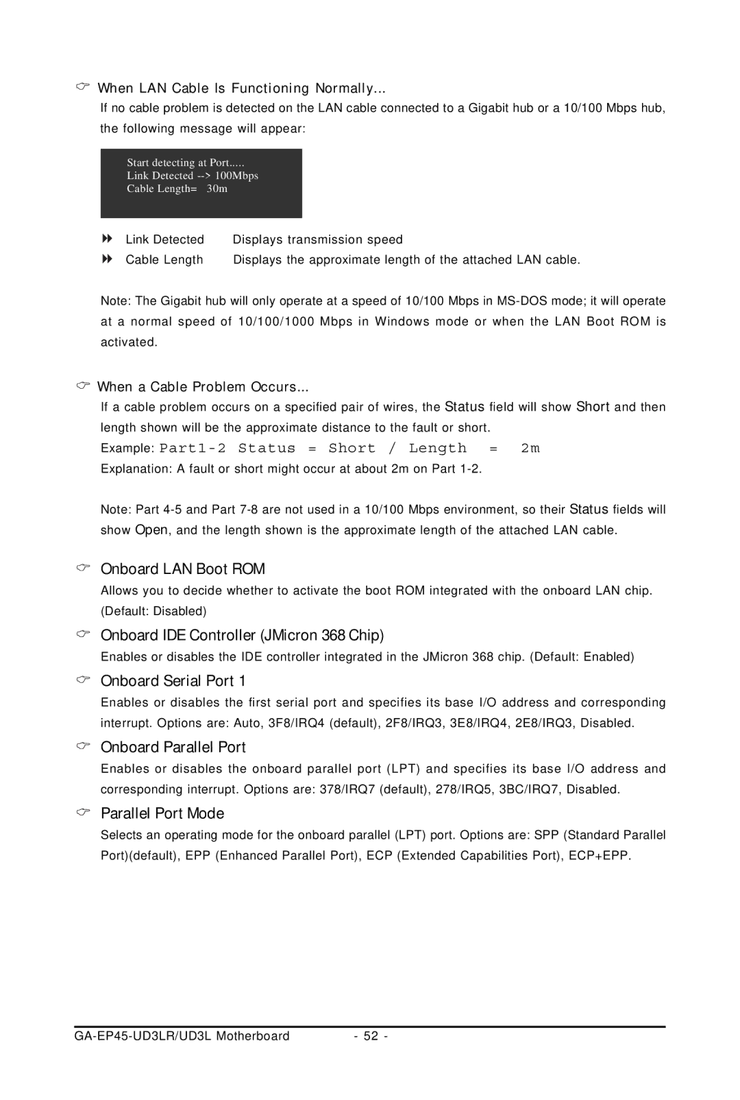 Gigabyte GA-EP45-UD3LR user manual Onboard LAN Boot ROM, Onboard IDE Controller JMicron 368 Chip, Onboard Serial Port 