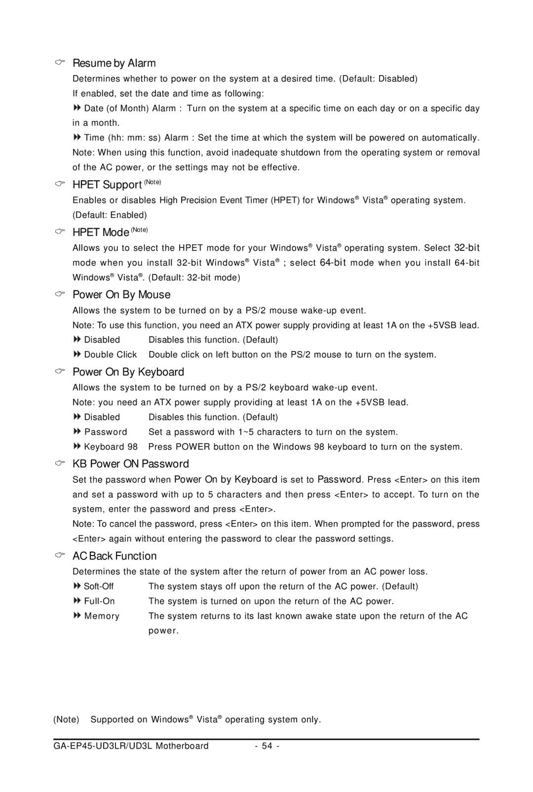 Gigabyte GA-EP45-UD3LR Resume by Alarm, Hpet Support Note, Hpet Mode Note, Power On By Mouse, Power On By Keyboard 