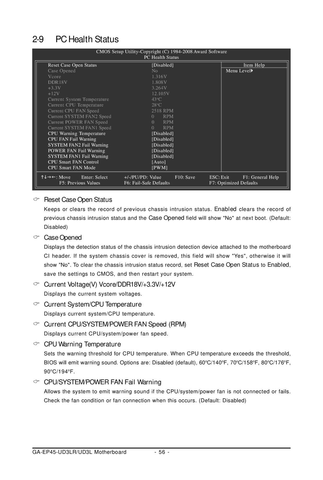 Gigabyte GA-EP45-UD3LR user manual Reset Case Open Status, Case Opened, Current VoltageV Vcore/DDR18V/+3.3V/+12V 