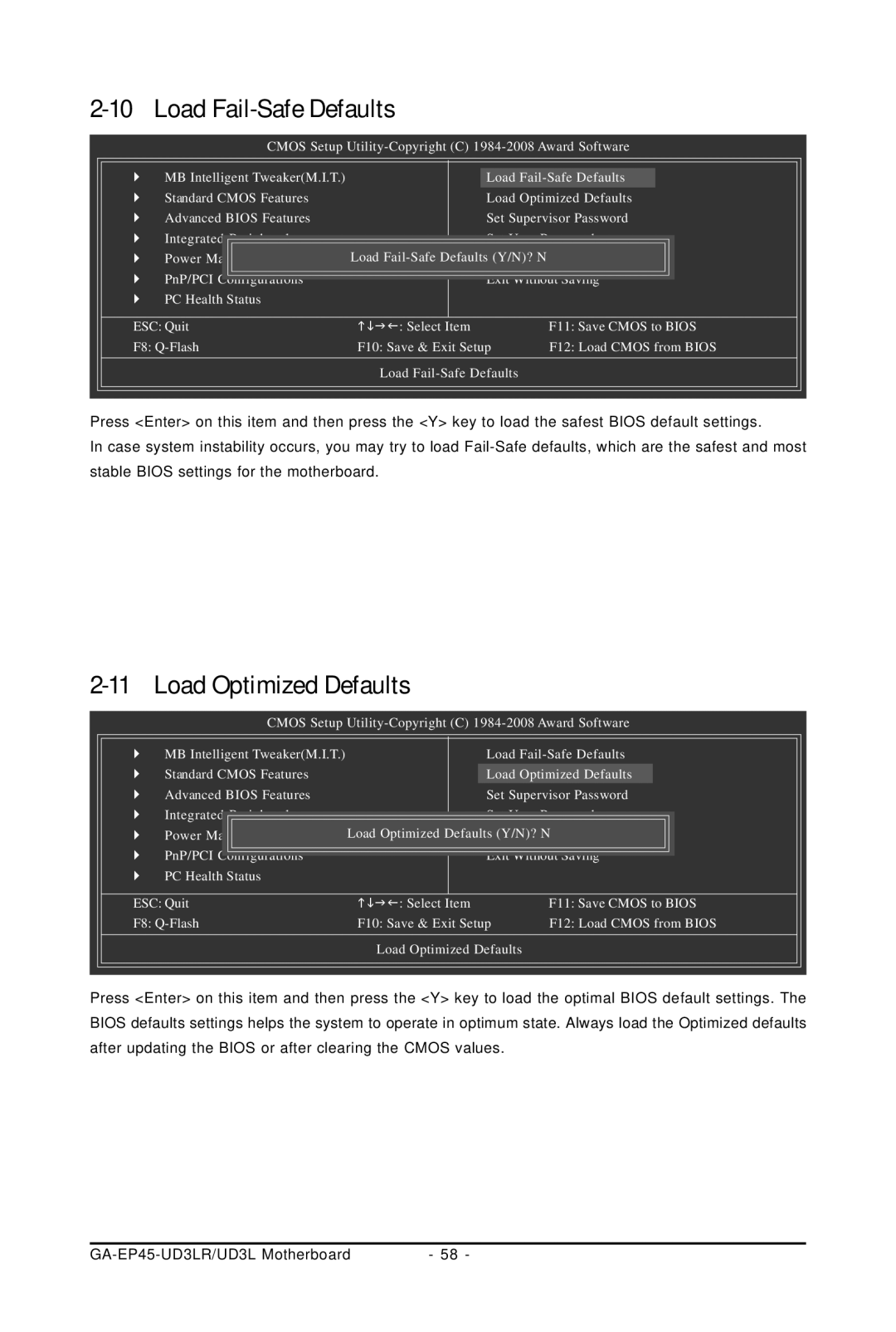 Gigabyte GA-EP45-UD3LR user manual Load Fail-Safe Defaults, Load Optimized Defaults 