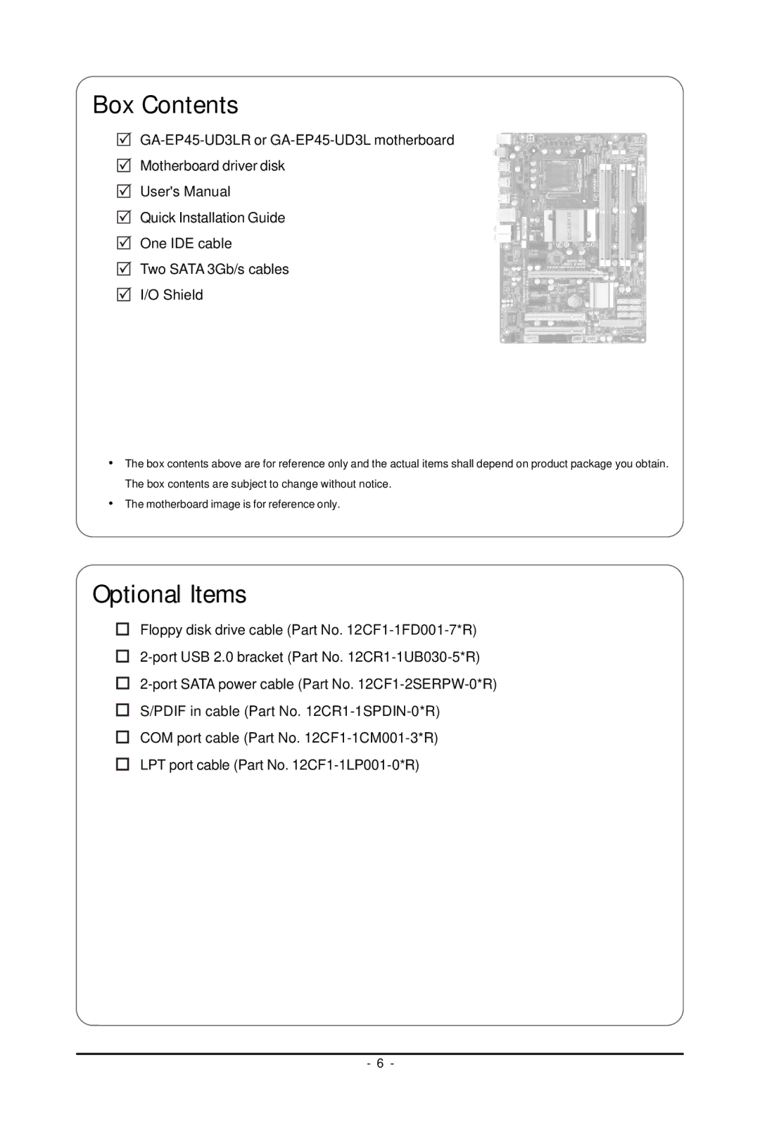 Gigabyte GA-EP45-UD3LR user manual Box Contents 