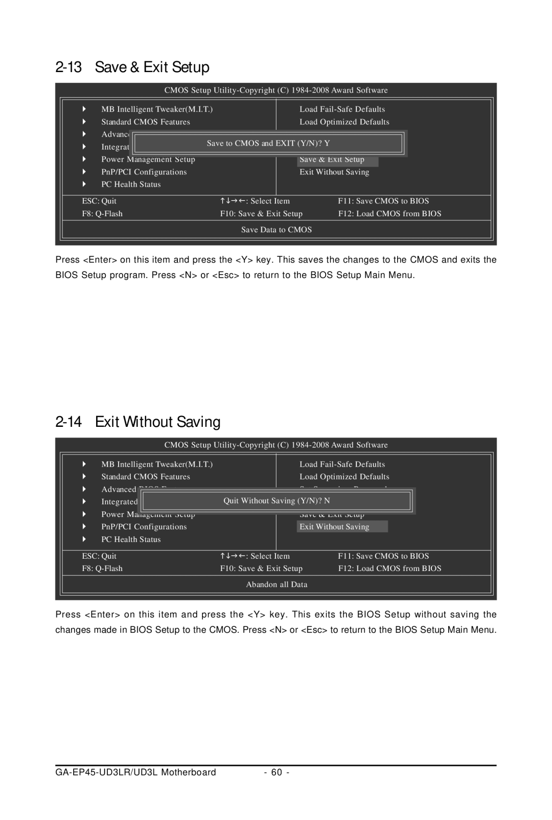 Gigabyte GA-EP45-UD3LR user manual Save & Exit Setup, Exit Without Saving 