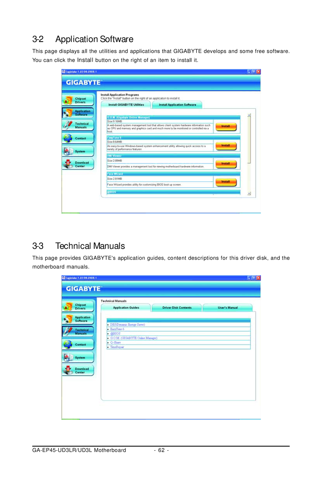 Gigabyte GA-EP45-UD3LR user manual Application Software, Technical Manuals 