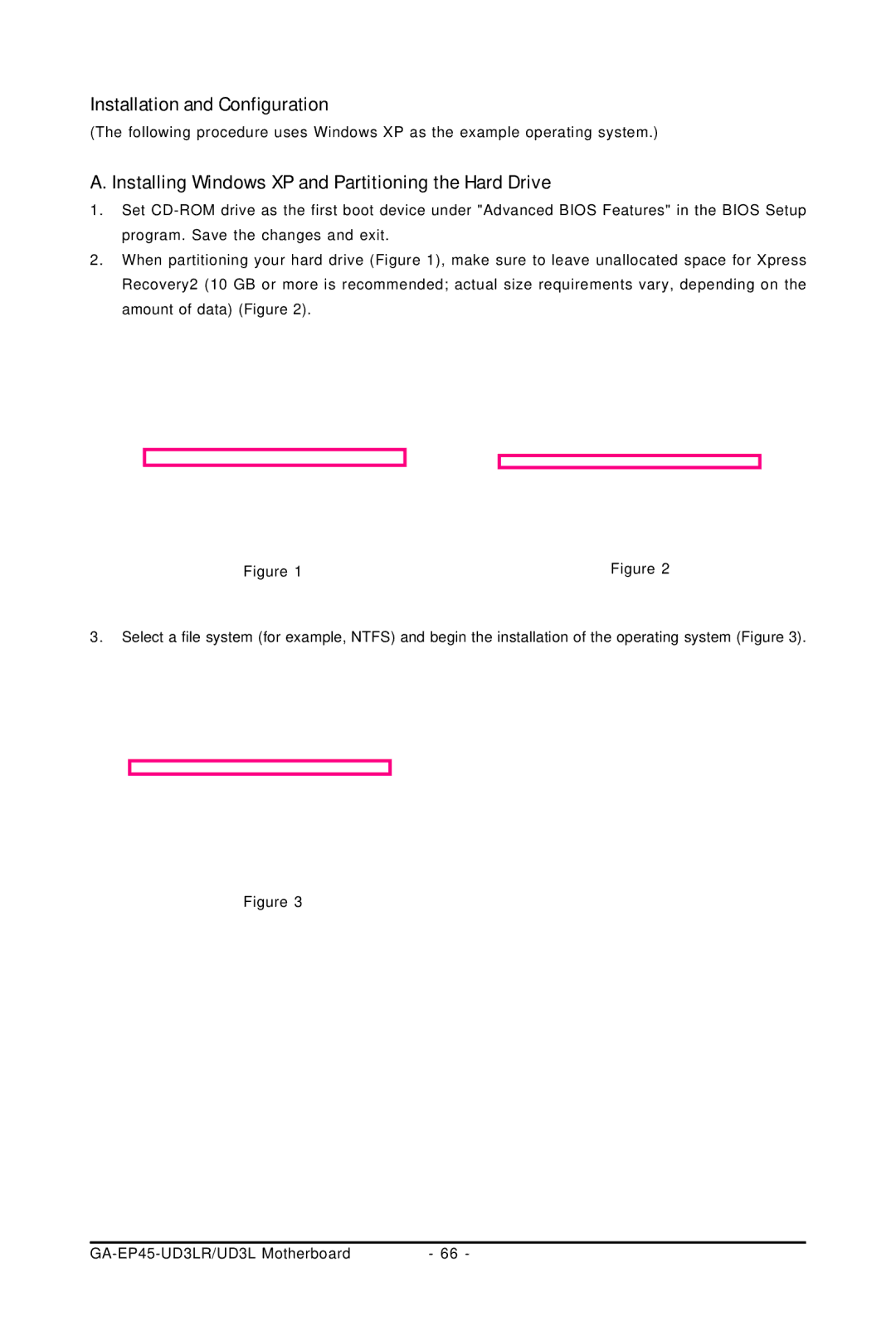 Gigabyte GA-EP45-UD3LR user manual Installation and Configuration, Installing Windows XP and Partitioning the Hard Drive 
