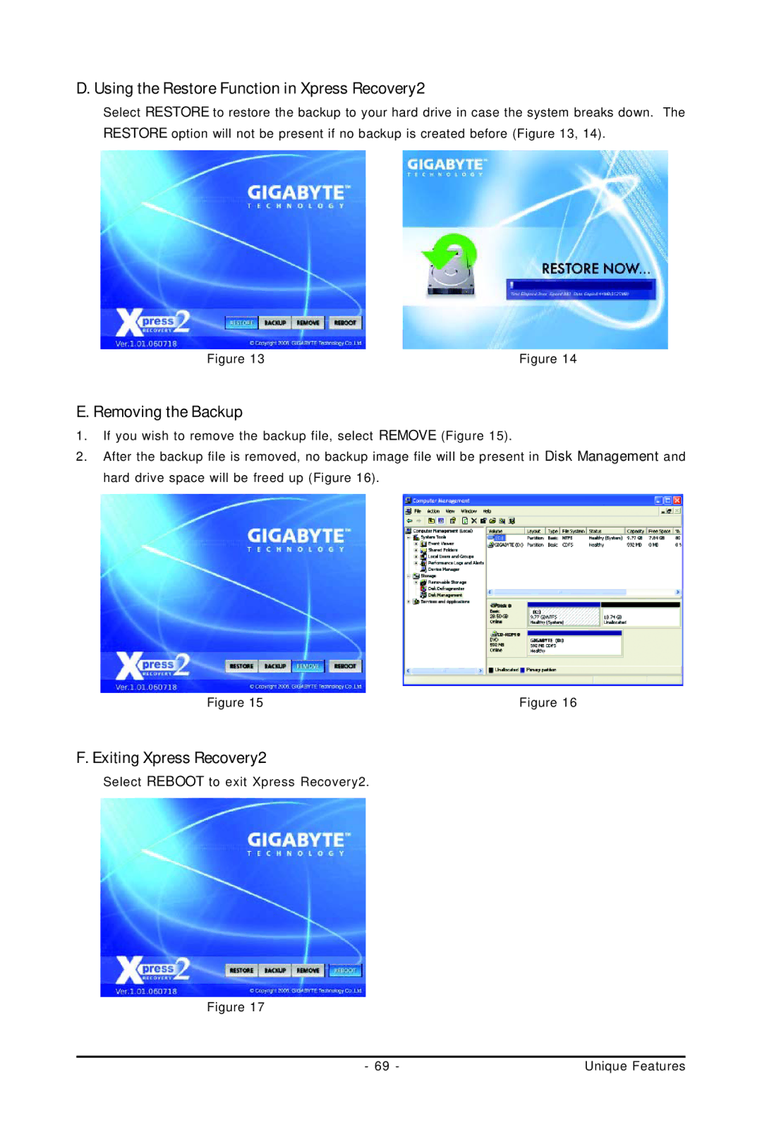 Gigabyte GA-EP45-UD3L Using the Restore Function in Xpress Recovery2, Removing the Backup, Exiting Xpress Recovery2 