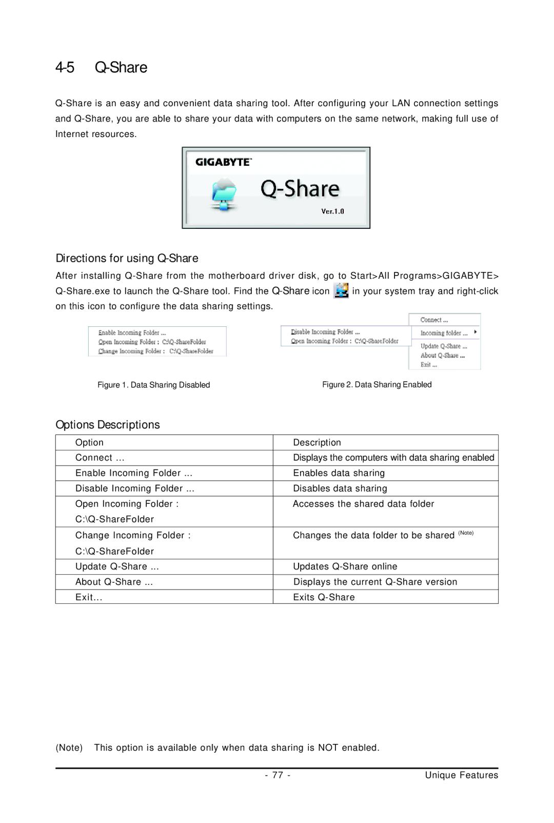 Gigabyte GA-EP45-UD3LR user manual Directions for using Q-Share, Options Descriptions 