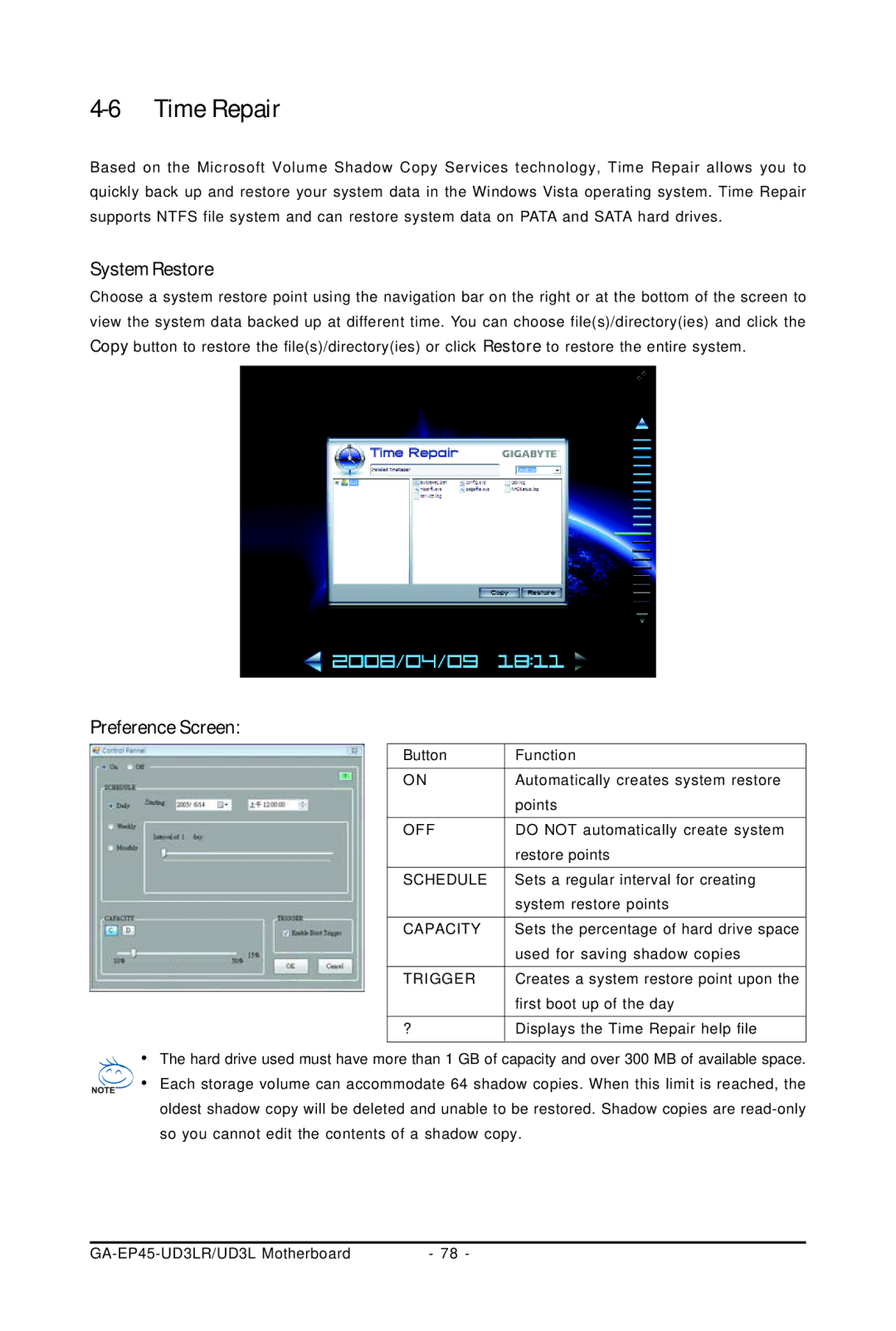 Gigabyte GA-EP45-UD3LR user manual Time Repair, System Restore, Preference Screen 