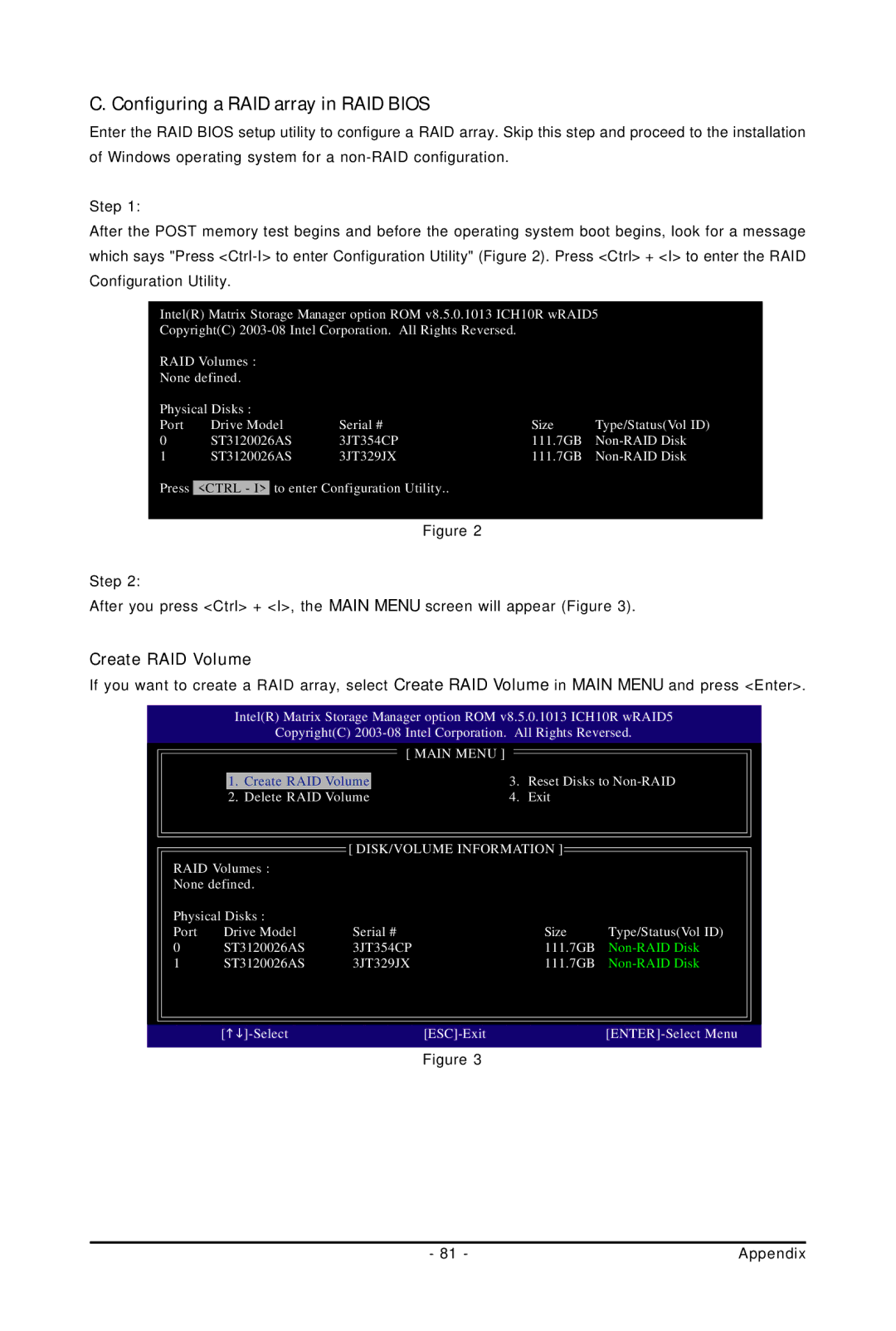 Gigabyte GA-EP45-UD3LR user manual Configuring a RAID array in RAID Bios, Create RAID Volume 