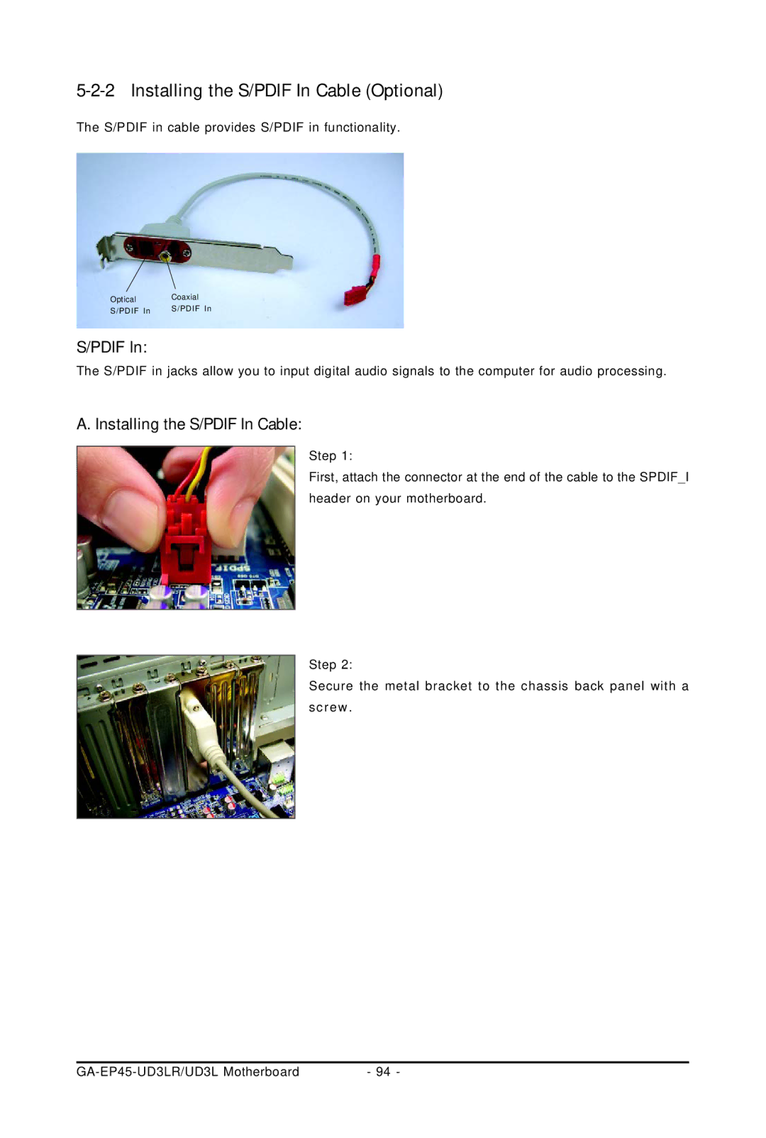 Gigabyte GA-EP45-UD3LR user manual Installing the S/PDIF In Cable Optional, Pdif 