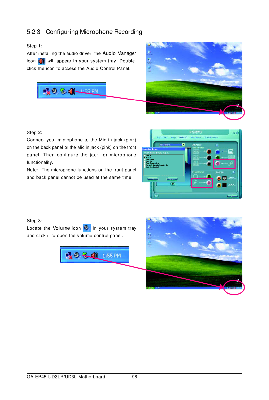 Gigabyte GA-EP45-UD3LR user manual Configuring Microphone Recording 