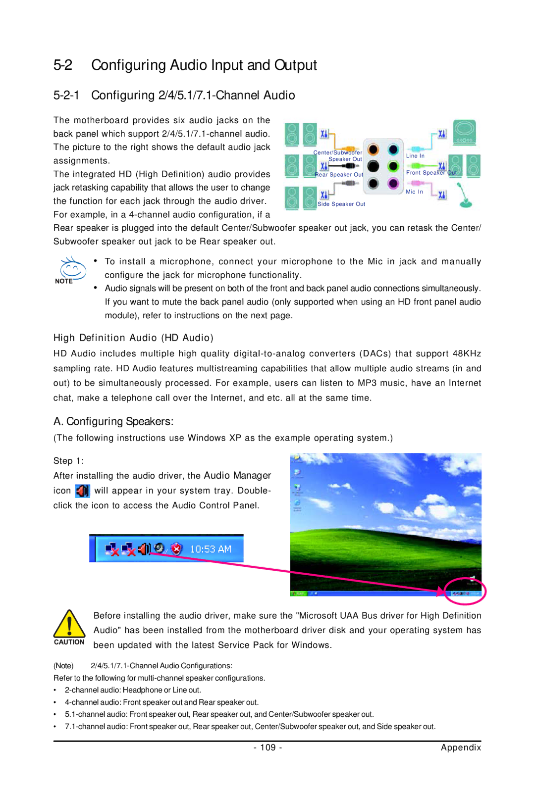 Gigabyte GA-EP45-UD3P Configuring Audio Input and Output, Configuring 2/4/5.1/7.1-Channel Audio, Configuring Speakers 