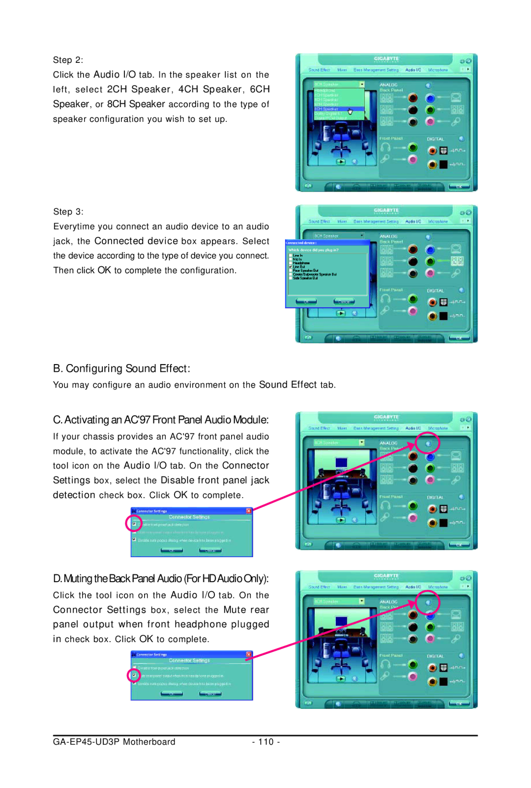 Gigabyte GA-EP45-UD3P user manual Configuring Sound Effect, Activating an AC97 Front Panel Audio Module 