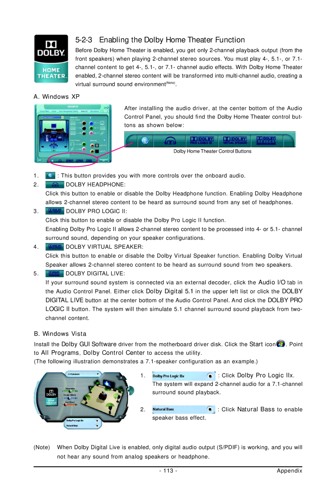 Gigabyte GA-EP45-UD3P Enabling the Dolby Home Theater Function, Windows XP, Windows Vista, Click Dolby Pro Logic 